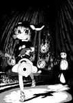  animal_ears bamboo bamboo_forest bow bunny_ears carrot carrot_necklace dress fire forest greyscale highres houraisan_kaguya inaba_tewi jewelry lantern long_hair monochrome multiple_girls nature night nihimaru pendant sandals short_hair smile star star-shaped_pupils symbol-shaped_pupils touhou 