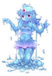  blue_hair blue_skin breasts forehead_jewel full_body goo_girl highres long_hair monster_girl navel original red_eyes see-through skirt small_breasts smile solo transparent_background wars-ma 