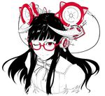  animal_ears bangs black_hair bow glasses headphones highres horned_girl_(jaco) horns jaco long_hair looking_at_viewer monochrome one_eye_closed original red_eyes semi-rimless_eyewear sidelocks simple_background solo spot_color under-rim_eyewear upper_body white_background 