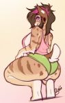  2018 anthro big_breasts big_butt breasts brown_hair butt buxbi clothed clothing crouching ear_piercing feline female fur gauged_ear hair hand_on_thigh kala_(buxbi) looking_at_viewer mammal piercing purple_eyes saber-toothed_cat signature solo thick_thighs voluptuous 