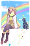  animal black_legwear brown_hair cat clothed_animal green_eyes highres kuroi_(liar-player) long_hair original pantyhose rainbow scarf solo 