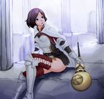  armor blue_eyes breastplate breasts brown_hair cape chestnut_mouth cosplay dragon's_dogma gauntlets greaves lace-up_thighhighs mercedes_marten pawn_(dragon's_dogma) shingata_pono short_hair sitting small_breasts solo staff 