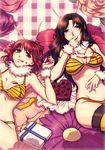  bad_id bad_pixiv_id bee_girl bikini breasts brown_hair chocolate flower food insect_girl julion_(akesuzu) long_hair medium_breasts monster_girl multiple_girls original purple_eyes red_eyes red_hair short_hair striped striped_bikini swimsuit tongue 