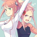  aida_rayhunton anemone_(eureka_seven) anko_(w-anco) bodysuit creator_connection eureka_seven eureka_seven_(series) flower green_eyes gundam gundam_g_no_reconguista hair_flower hair_ornament look-alike multiple_girls orange_hair pink_hair purple_eyes white_bodysuit 