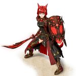  animal_ears armor artist_request boots breastplate breasts cat_ears cat_tail facial_mark fighting_stance final_fantasy final_fantasy_xiv gauntlets glasses greaves highres lips medium_breasts miqo'te paladin_(final_fantasy) red_eyes red_hair shield solo sword tail thigh_boots thighhighs weapon 