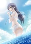  :d ;d bikini bikini_skirt blue_hair blue_sky blush cloud day dutch_angle groin long_hair looking_at_viewer love_live! love_live!_school_idol_project navel ocean one_eye_closed open_mouth roaru_(gyuren) sky smile solo sonoda_umi splashing swimsuit wading water white_bikini yellow_eyes 