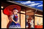  architecture black_border blue_hair border bow brown_hair cirno cloud day dress east_asian_architecture extra hair_bow hat ice ice_wings japanese_clothes kamishirasawa_keine kimono long_hair multiple_girls neckerchief nihimaru open_mouth oriental_umbrella ponytail red_eyes ribbon short_hair silver_hair sky smile touhou tsukumogami umbrella wings 