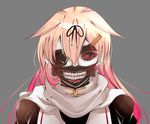  blonde_hair cosplay earrings eyepatch gradient_hair grey_background hair_flaps hair_ornament hair_ribbon hairclip jewelry kaneki_ken kaneki_ken_(cosplay) kantai_collection mask multicolored_hair pale_skin pink_hair red_eyes remodel_(kantai_collection) ribbon shisei_(kyuushoku_banchou) solo teeth tokyo_ghoul two-tone_hair yuudachi_(kantai_collection) 