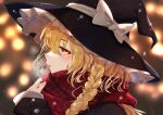  1girl absurdres bangs black_headwear blonde_hair blurry blurry_background braid breath eyebrows_visible_through_hair frilled_hat frills hat highres holding holding_clothes holding_scarf kirisame_marisa lights long_hair looking_at_viewer open_mouth plaid plaid_scarf red_scarf scarf side_braid single_braid solo touhou upper_body witch_hat yamanakaume yellow_eyes 