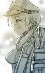  anchor_hair_ornament blush hair_ornament hair_ribbon hat iron_cross kantai_collection light_particles long_hair long_sleeves machinery military military_uniform peaked_cap prinz_eugen_(kantai_collection) profile rayno ribbon solo twintails uniform 