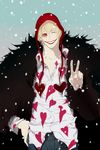  blonde_hair cape closed_eyes donquixote_rocinante facial_mark fur_cape grin highres hood male_focus one_piece smile snowing solo tobi0728 v 