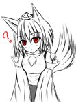  ? animal_ears bare_shoulders breasts detached_sleeves firolat greyscale hat highres inubashiri_momiji looking_at_viewer medium_breasts monochrome open_mouth pom_pom_(clothes) red_eyes short_hair simple_background solo tail tokin_hat touhou white_background wolf_ears wolf_tail 