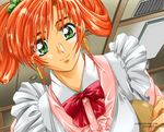  1girl doukoku_soshite game_cg hatori_itsumi looking_at_viewer red_hair ribbon solo waitress yokota_mamoru 