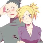  1girl black_hair blonde_hair blush breasts cleavage couple green_eyes hetero hug hug_from_behind ichii_(pixiv) long_hair medium_breasts nara_shikamaru naruto:_the_last naruto_(series) naruto_shippuuden ponytail temari two_side_up 