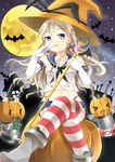  &gt;_&lt; absurdres bat blonde_hair blue_eyes closed_eyes elbow_gloves full_moon gloves halloween hat highres kantai_collection lifebuoy long_hair miniskirt moon navel pumpkin rensouhou-chan sailor_collar shimakaze_(kantai_collection) silhouette sitting skirt smile solo staff striped striped_legwear thighhighs translation_request wars-ma witch_hat yellow_moon 