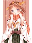  blue_eyes brown_hair hairband heart hiei_(kantai_collection) jpeg_artifacts kantai_collection mogu_(au1127) nontraditional_miko scarf short_hair solo 