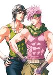  aviator_cap black_hair caesar_anthonio_zeppeli facial_mark green_eyes headband jojo_no_kimyou_na_bouken joseph_joestar_(young) kurenai_karasu multiple_boys pink_eyes pink_hair scarf 