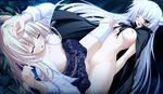  animal_ears blonde_hair blush cape censored game_cg long_hair lying mosaic_censoring multiple_girls naked_cape no_panties nude on_back one_eye_closed open_mouth shirt_pull sora_to_kumo_to_kimi_no_koi suien thighhighs tribadism white_hair yellow_eyes yuri 