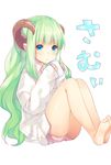  bare_legs barefoot blue_eyes blush cold cup dress_shirt green_hair horns itou_nanami looking_at_viewer original pointy_ears shirt short_shorts shorts sitting sleeves_past_wrists solo steam white_background 