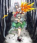  bad_id bad_pixiv_id bamboo bamboo_forest bow ex-keine fire forest fujiwara_no_mokou green_hair hair_bow hair_ribbon hanamaru-s hands_in_pockets horn_ribbon horns kamishirasawa_keine long_hair multiple_girls nature red_eyes ribbon silver_hair smile suspenders tail touhou wings 