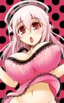  blush bouncing_breasts breasts covered_nipples headphones kouki_kuu large_breasts long_hair looking_at_viewer midriff navel nitroplus no_panties open_mouth pink_hair red_eyes revision solo super_sonico 