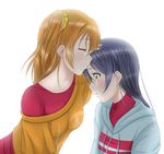  blue_hair blush closed_eyes clothes_writing collarbone forehead_kiss hairband hood hoodie kiss kousaka_honoka long_hair love_live! love_live!_school_idol_project multiple_girls off_shoulder one_side_up orange_eyes orange_hair roaru_(gyuren) shirt simple_background sonoda_umi t-shirt white_background yuri 