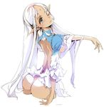 1girl ass back blue_eyes blush character_request copyright_request dark_elf dark_skin elf endou_okito facial_mark forehead_mark jpeg_artifacts long_hair nipples no_panties one_eye_closed open_mouth pointy_ears simple_background solo very_long_hair white_background white_hair 