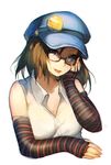  bare_shoulders bespectacled blouse blue_eyes blue_hat bridal_gauntlets brown_hair fingerless_gloves glasses gloves hat looking_at_viewer marie_(persona_4) mukka persona persona_4 semi-rimless_eyewear short_hair solo tongue tongue_out upper_body white_blouse 
