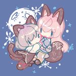  animal_ears bad_id bad_pixiv_id blonde_hair blue_background blue_eyes blush_stickers cat_ears cat_tail cheek-to-cheek chibi eila_ilmatar_juutilainen flying fox_ears fox_tail full_moon jacket long_hair long_sleeves looking_at_another military military_uniform moon multiple_girls okayu_(headless) one_eye_closed open_mouth pantyhose sanya_v_litvyak short_hair silver_hair simple_background smile star_(sky) strike_witches striker_unit tail triangle_mouth uniform world_witches_series 