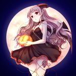  bare_shoulders black_dress broken broken_chain chain collar cowboy_shot demon_girl demon_horns demon_wings dress full_moon halloween horns itou_nanami jack-o'-lantern lavender_hair long_hair moon night night_sky original pointy_ears red_eyes red_string ribbon sky solo string thigh_ribbon wings 