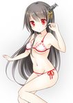  adapted_costume bikini black_hair blush breasts collarbone fusou_(kantai_collection) hair_ornament kantai_collection long_hair looking_at_viewer medium_breasts navel nikoo red_eyes side-tie_bikini solo swimsuit very_long_hair white_bikini 