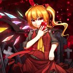  alternate_costume ascot bad_id bad_pixiv_id blonde_hair bow card crescent_moon cross flandre_scarlet graveyard hanamaru-s moon no_hat no_headwear red_eyes red_sky ribbon short_hair side_ponytail skirt_hold sky smile solo spell_card touhou wings 