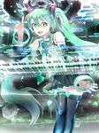  1girl :d aqua_eyes aqua_hair arm_up bad_id bad_pixiv_id bare_shoulders black_legwear black_skirt detached_sleeves hatsune_miku highres instrument long_hair necktie open_mouth pleated_skirt shirt skirt sleeveless sleeveless_shirt smile solo speaker synthesizer thighhighs twintails very_long_hair vocaloid white_shirt zettai_ryouiki 