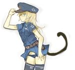  :o belt black_legwear blonde_hair blue_eyes blue_panties cat_tail hand_on_headwear hat helma_lennartz highres holster izuoku leaning_forward long_hair military military_uniform panties peaked_cap short_sleeves sideways_mouth simple_background solo tail thighhighs underwear uniform white_background world_witches_series 