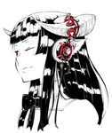  animal_ears bangs black_hair blunt_bangs bow headphones horned_girl_(jaco) horns jaco long_hair looking_away monochrome one_eye_closed original portrait red_eyes simple_background solo spot_color white_background 