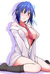  areola_slip areolae between_legs blue_hair blush bow brown_eyes collared_shirt covered_nipples hair_bow hair_ribbon hand_between_legs moketa necktie nisekoi no_bra nose_blush open_clothes open_shirt ribbon shirt short_hair sitting socks solo thighs tsugumi_seishirou unbuttoned wariza wet 