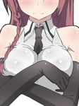  asami_lilith bare_shoulders between_breasts black_gloves blush braid breasts close-up elbow_gloves gloves head_out_of_frame highres long_hair medium_breasts necktie necktie_between_breasts red_hair solo trinity_seven uguisu_(happy_turn) upper_body 