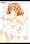  blue_eyes bow bow_panties breasts brown_hair dress_shirt gaston18 highres large_breasts letterboxed lying nipples no_bra no_pants on_back open_clothes open_shirt panties shirt sleeves_past_wrists solo unbuttoned underwear white_panties white_shirt 