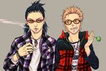  black_hair blonde_hair candy cigarette contemporary enui food glasses green_eyes grin hood hoodie jewelry lollipop long_hair male_focus mouth_hold multiple_boys nara_shikamaru naruto naruto_(series) naruto_shippuuden necklace ring smile smoke smoking uzumaki_naruto 