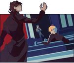  arm_up bench black_coat blonde_hair blue_bodysuit blue_hair bodysuit brown_eyes brown_hair church crossed_arms dutch_angle fate/stay_night fate_(series) gilgamesh indoors kotomine_kirei kuroihato lancer long_coat long_sleeves looking_at_viewer looking_back male_focus multiple_boys parted_lips profile red_eyes shoulder_pads standing 