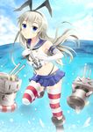  &gt;_&lt; absurdres blue_eyes closed_eyes cloud cloudy_sky crop_top crop_top_overhang day elbow_gloves gloves grey_hair hairband highres kantai_collection lens_flare lifebuoy long_hair midriff miniskirt navel ocean rensouhou-chan sailor_collar shimakaze_(kantai_collection) skirt sky solo striped striped_legwear thighhighs wars-ma 
