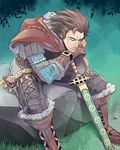  boots brown_gloves brown_hair capelet closed_eyes gloves hpa_(foolish_factory) knee_boots lace-up male_focus planted_sword planted_weapon rock scabbard sheath sheathed sigmund_(reginleiv) sitting sleeping sleeping_upright solo sword weapon zangeki_no_reginleiv 