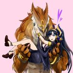  black_hair blue_eyes breasts brother_and_sister carrying claws cleavage dress fur heart husband_and_wife kachina medium_breasts nephthys_(p&amp;d) ponytail princess_carry puzzle_&amp;_dragons set_(p&amp;d) siblings smile wolf yellow_eyes 