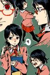  black_hair book da_qi_san eyewear_removed glasses highres holding holding_book holding_eyewear multiple_views naruto naruto_(series) pantyhose red-framed_eyewear sharingan short_hair spoken_squiggle squiggle sweater uchiha_sarada 