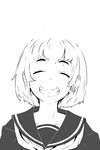  closed_eyes facing_viewer greyscale grin highres jaco monochrome neckerchief original school_uniform serafuku short_hair simple_background smile solo upper_body white_background 