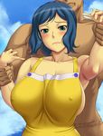  1girl ameoto apron blue_hair breasts green_eyes gundam gundam_build_fighters huge_breasts iori_rinko milf no_bra restrained 