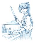  admiral_(kantai_collection) bbb_(friskuser) blue cooking fish houshou_(kantai_collection) japanese_clothes kantai_collection knife long_hair monochrome photo_(object) ponytail simple_background solo white_background 