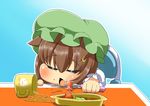  :3 animal_ears brown_hair cat_ears chen chibi closed_eyes cup earrings eating food fork hat jewelry short_hair solo touhou verta_(verlaine) younger 