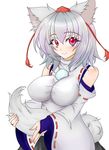  animal_ears between_legs blush breasts bridal_gauntlets detached_sleeves hat highres impossible_clothes impossible_shirt inubashiri_momiji large_breasts looking_at_viewer pom_pom_(clothes) red_eyes shirt short_hair silver_hair simple_background smile solo tail tail_fondling tokin_hat touhou white_background wide_sleeves wolf_ears wolf_tail 