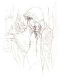  cloak hood hooded_cloak monochrome naked_cloak original sketch solo traditional_media yoshitomi_akihito 